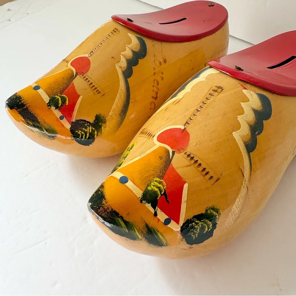 Vintage Wooden Hand Painted Dutch Clogs Banks from Holland Wall Decor